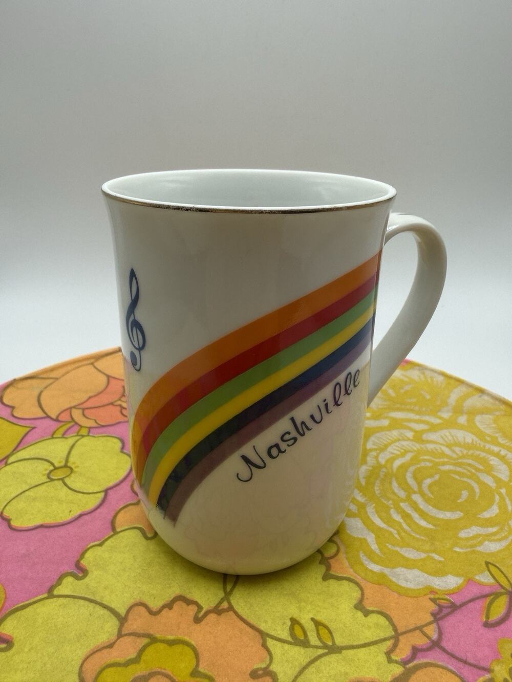 Vintage 80s/90s Ceramic Nashville Rainbow LGBTQ Pride Music Notes Coffee Mug Cup